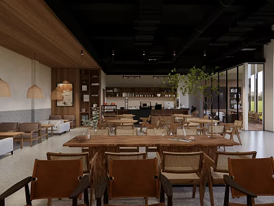 Modern Wooden Cafe Interior With Open Space Green Plants And Large Windows 3d model