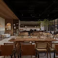 Modern Wooden Cafe Interior With Open Space Green Plants And Large Windows