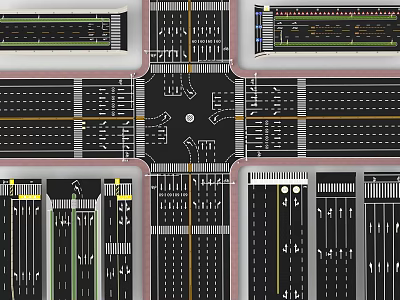 Comprehensive Road Facilities at Urban Intersection with Traffic Lanes Signs and Markings 3d model