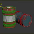 Red and Blue Weathered Drums Standing and Lying on Dark Surface