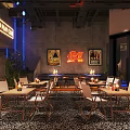 Industrial Style Bar Interior with Wine Racks Neon Sign Tables Chairs and Warm Lighting