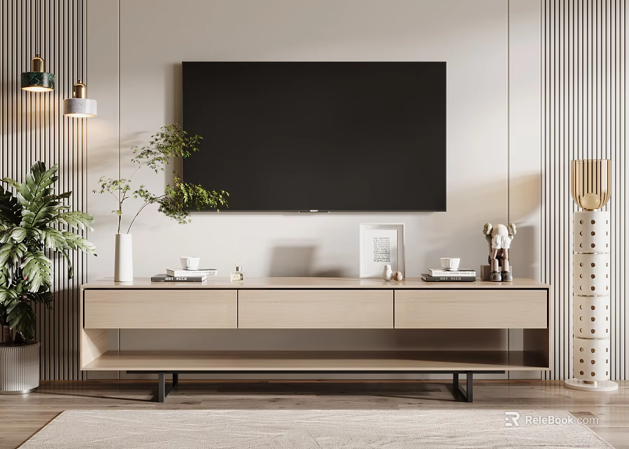 Modern Light Wood TV Stand With Storage Drawers And Green Plant Decor In Living Room 3d model 