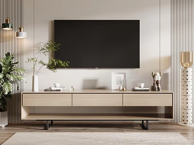 Modern Light Wood TV Stand With Storage Drawers And Green Plant Decor In Living Room 3d model