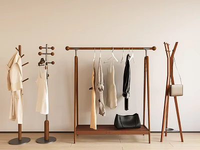 Wooden Standing Clothes Racks And Hanging Rod Racks With Clothes And Bags 3d model