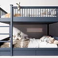 Navy Blue Bunk Bed With Ladder Stuffed Toys And Drawers In Kids Room