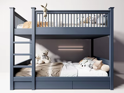 Navy Blue Bunk Bed With Ladder Stuffed Toys And Drawers In Kids Room 3d model