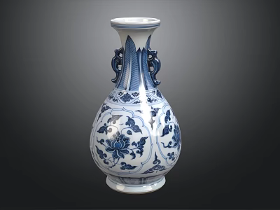 Traditional Blue and White Ceramic Vessel with Double Handles and Intricate Floral Patterns 3d model