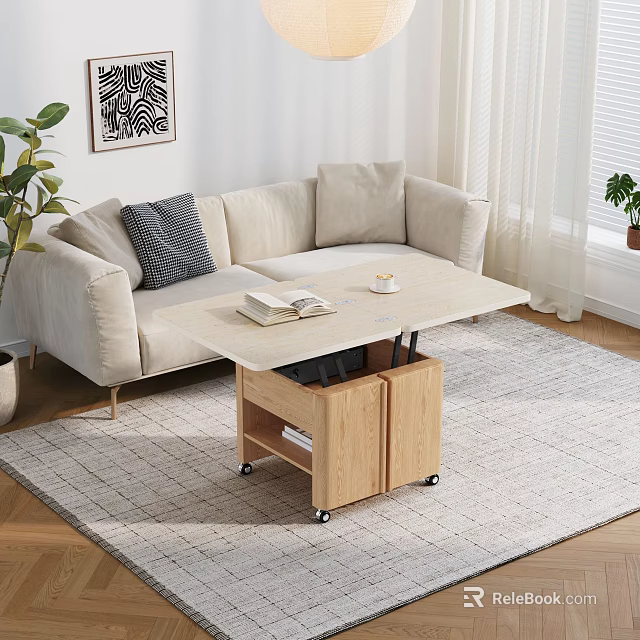 Wooden Coffee Table With Storage Shelf Book And Cup In Modern Living Room 3d model 