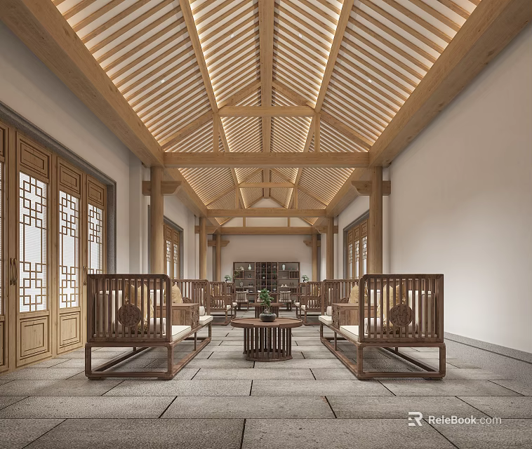 Traditional Chinese Style Reception Room With Wooden Structure And Furniture 3d model 