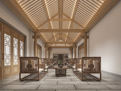 Traditional Chinese Style Reception Room With Wooden Structure And Furniture 3d model