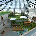 Modern Indoor Atrium With Glass Skylight Hanging Decorations Green Plants And Sofa Area