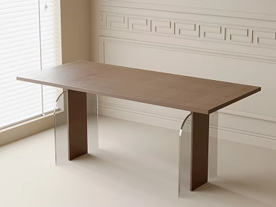Brown Wooden Dining Table With Transparent Acrylic Legs In Minimalist White Room 3d model