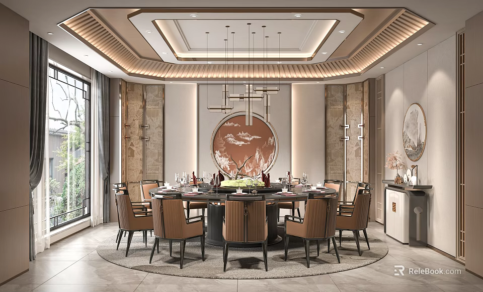 Luxurious Private Dining Room Interior With Round Table Chandeliers And Artwork 3d model