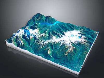 3D Topographic Mountain Landscape With Snow Capped Peaks Green Vegetation And Blue Water Bodies 3d model