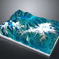 3D Topographic Mountain Landscape With Snow Capped Peaks Green Vegetation And Blue Water Bodies