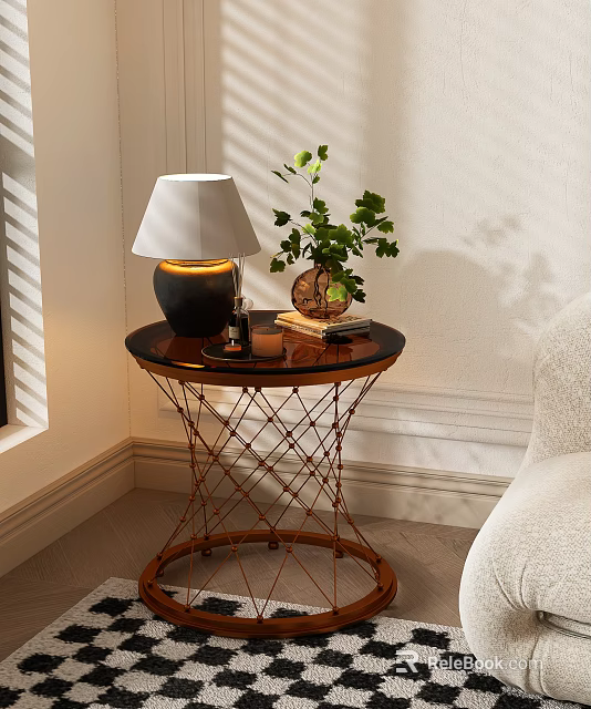 Round Side Table with Copper Frame Lamp Green Plant and Books in Living Room 3d model 