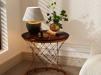 Round Side Table with Copper Frame Lamp Green Plant and Books in Living Room 3d model