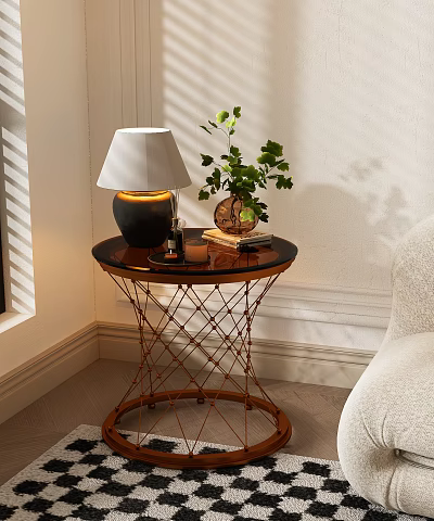 Round Side Table with Copper Frame Lamp Green Plant and Books in Living Room 3d model