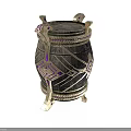 Decorative Barrel with Intricate Metal Accents and Purple Patterns on Ornate Feet Base