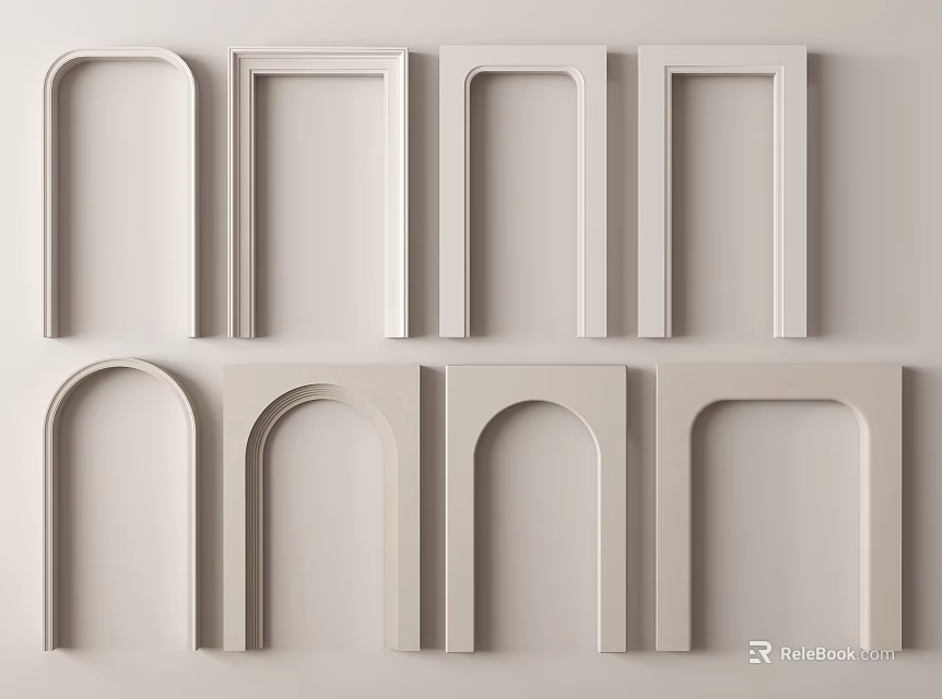 Modern Door Arches In Various Styles And Shapes On Light Colored Wall 3d model 