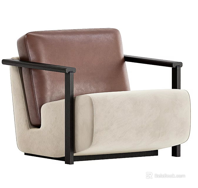 Single Sofa Brown Leather Backrest Beige Fabric Seat Black Metal Frame Modern Living Room Design 3d model 