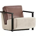 Single Sofa Brown Leather Backrest Beige Fabric Seat Black Metal Frame Modern Living Room Design