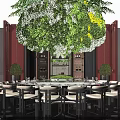Elegant Private Dining Room With Hanging Floral Chandelier Round Table Red Walls And Potted Plants