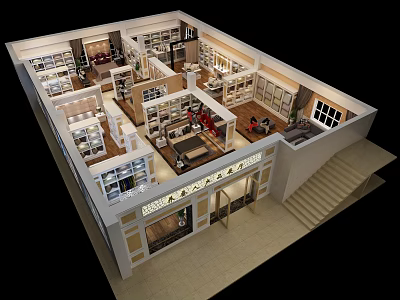 Modern Store Interior Layout With Shelves Display Cabinets Sofa And Staircase 3d model
