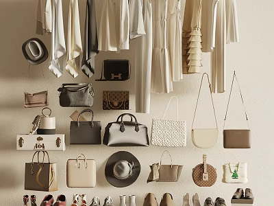 Stylish Clothes Hanging With Neutral Tones Handbags Hat And Shoes On 3d model