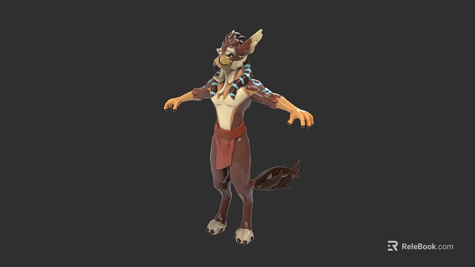 Anthropomorphic Wolf Like Creature Character With Red Clothing And Blue Decorative Patterns 3d model 