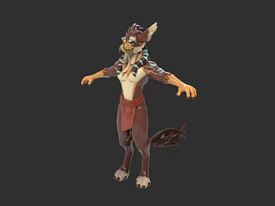 Anthropomorphic Wolf Like Creature Character With Red Clothing And Blue Decorative Patterns 3d model