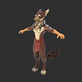 Anthropomorphic Wolf Like Creature Character With Red Clothing And Blue Decorative Patterns