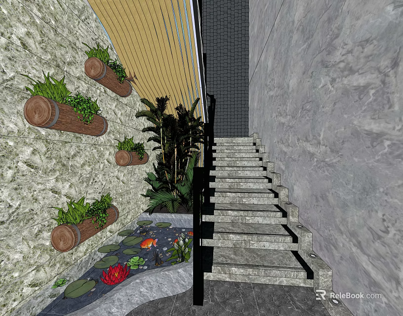 Stone Stairs In Garden With Wooden Barrel Planters And Pond Water Lily Red Flower 3d model 