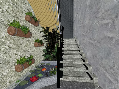 Stone Stairs In Garden With Wooden Barrel Planters And Pond Water Lily Red Flower 3d model