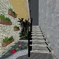 Stone Stairs In Garden With Wooden Barrel Planters And Pond Water Lily Red Flower
