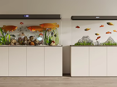 Two Indoor Aquariums With Colorful Fish Plants Rocks And White Cabinet Bases 3d model