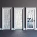 Three White Swing Doors Featuring Modern Geometric Pattern Glass And Clean Frames 3d model