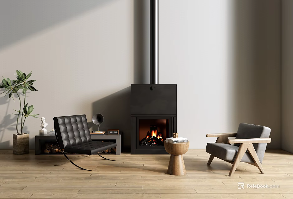 Modern Black Fireplace With Flames Burning Leather Chair Armchair And Plant On Wooden Floor 3d model 