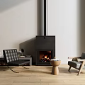 Modern Black Fireplace With Flames Burning Leather Chair Armchair And Plant On Wooden Floor