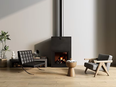 Modern Black Fireplace With Flames Burning Leather Chair Armchair And Plant On Wooden Floor 3d model