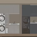 Modern Laundry Room Design With Washing Machines Dryers Cabinets Sink And Storage Shelves