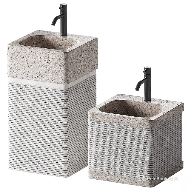 Two Natural Textured Stone Washbasins with Black Faucets Modern Bathroom Design 3d model 