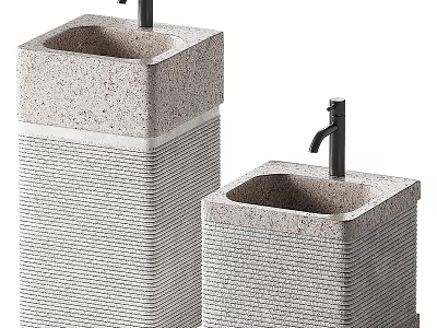 Two Natural Textured Stone Washbasins with Black Faucets Modern Bathroom Design 3d model