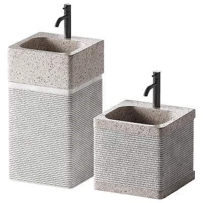 Two Natural Textured Stone Washbasins with Black Faucets Modern Bathroom Design 3d model