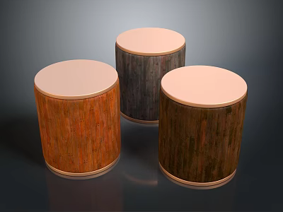 Three Cylindrical Wooden Stools With Round Tops And Different Wood Textures 3d model