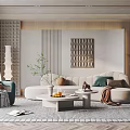 Modern Living Room Interior With Beige Curved Sofa Throw Pillows Coffee Table And Herringbone Rug