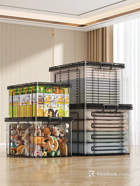 Transparent Stackable Storage Boxes For Home Organization With Snacks And Clothes 3d model 