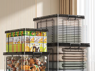 Transparent Stackable Storage Boxes For Home Organization With Snacks And Clothes 3d model
