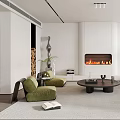 Modern Living Room Interior Design With Green Chairs Sofa Fireplace And Plant