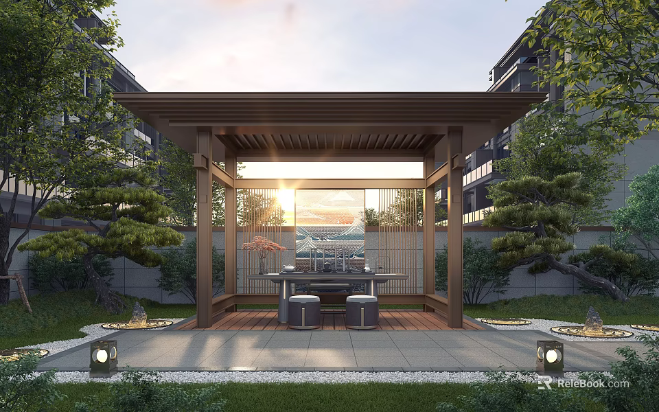 Courtyard Garden with Wooden Pavilion Table Stools Sunset View Lush Green Trees and Paved Patio 3d model 